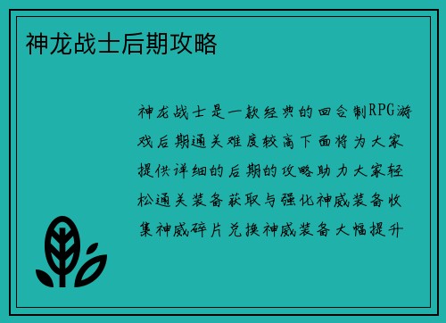 神龙战士后期攻略